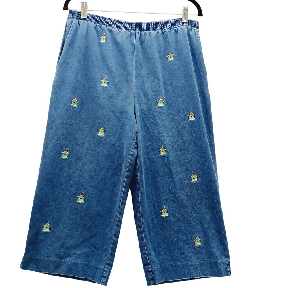 Pants Capri Denim Embroidered Birdhouse Ornithologist Whimsycore Birder Size MP
